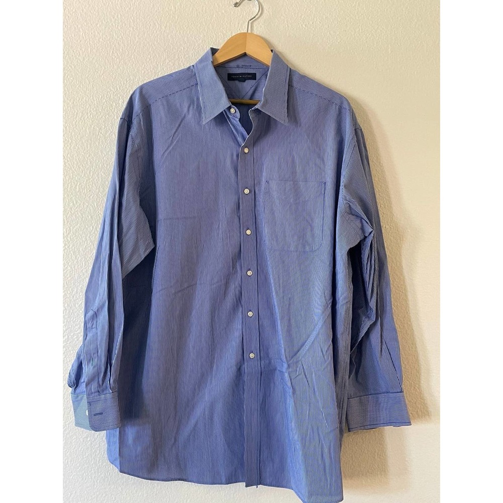 Tommy Hilfiger Size 18 34-35 Mens Shirt Blue White Stripes Long Sleeve Button Up